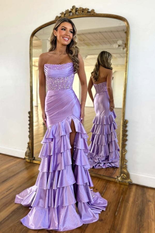 Purple Strapless Long Slit Prom Dress Sleeveless with Sequins