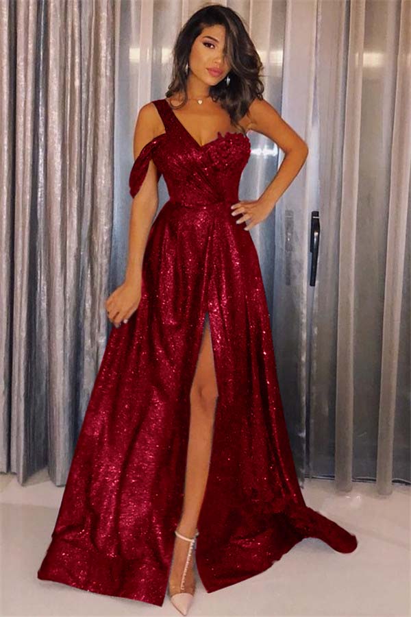 Dark Navy Sequins Glamorous One Shoulder Prom Dress