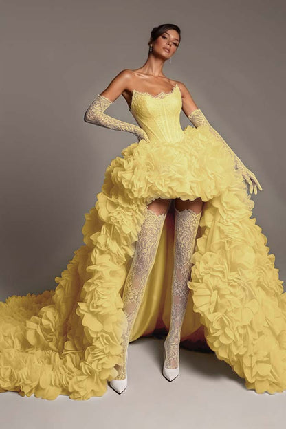 Sleeveless Strapless A Line Embroidery Pleated Prom Dress With Gloves