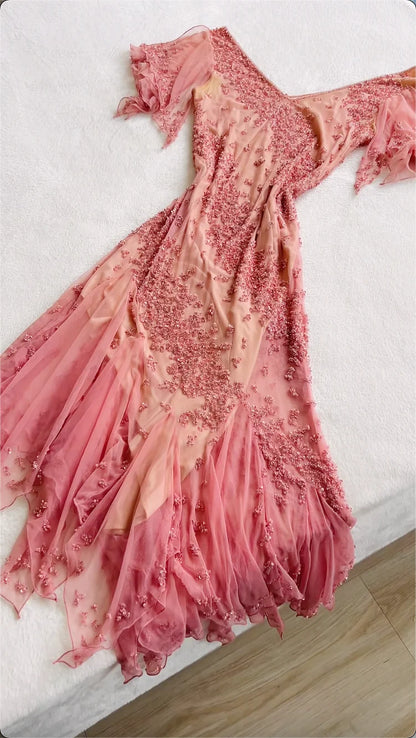 Elegant A Line V Neck Beaded Ruffle Chiffon Prom Dress Evening Dress SH2247