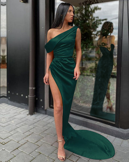One Shoulder Orange Mermaid Prom Dress With Split