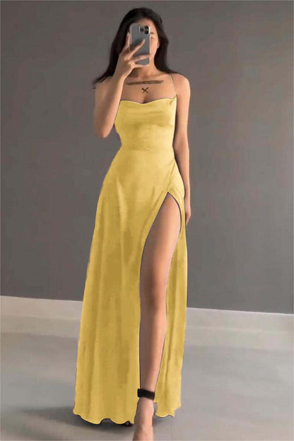 Simple Black Satin Spaghetti Strap Sleeveless Long Prom Dress with Split