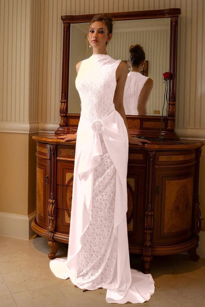 High Neck Sleeveless Mermaid Evening Dress With Lace Embroidery