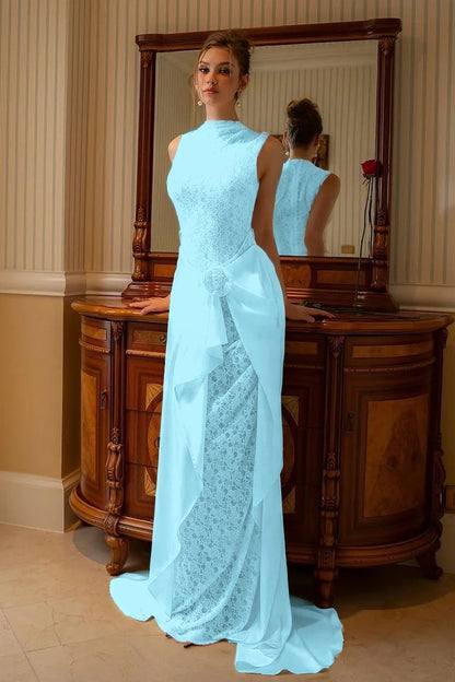 High Neck Sleeveless Mermaid Evening Dress With Lace Embroidery