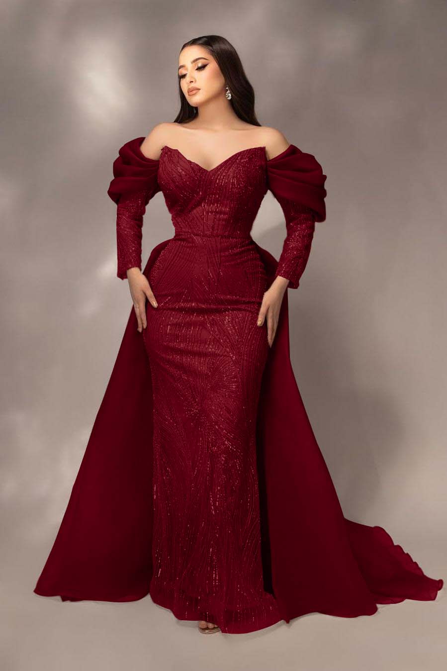 Glamorous Sequins Off the Shoulder Long Sleeves Mermaid Prom Dress with Pleated