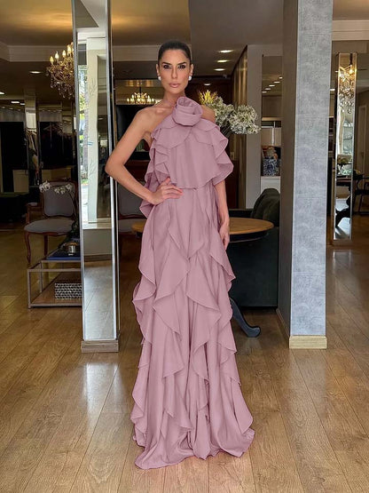 Dreamy Pink Halter Backless Sleeveless Ruffles Handmade Flower Evening Dress
