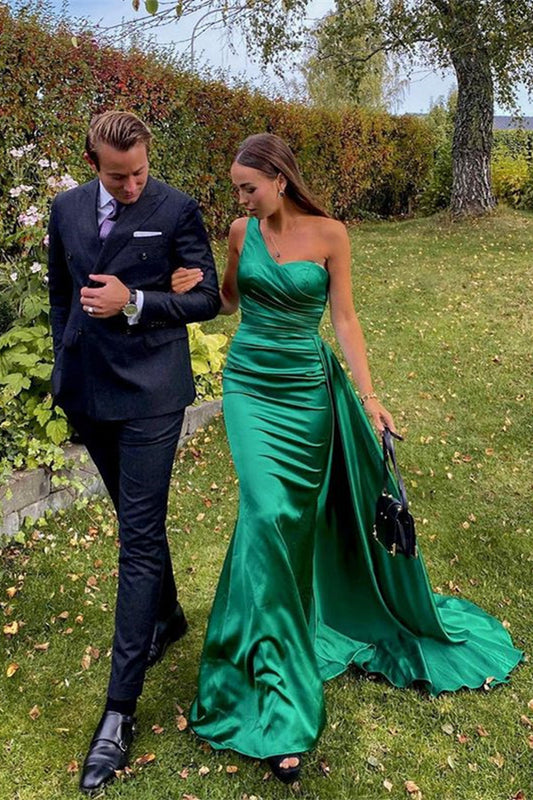 One Shoulder Green Prom Dress Long