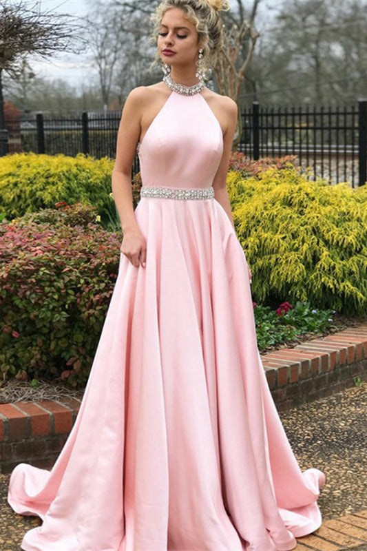 Halter Sleeveless Mermaid Prom Dress Pink With beads