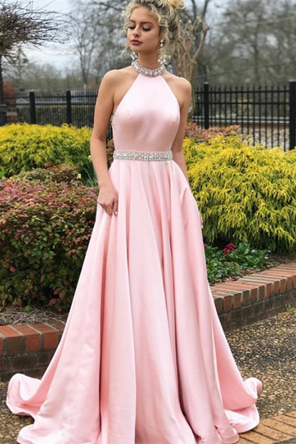 Halter Sleeveless Mermaid Prom Dress Pink With beads