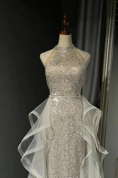 Chic White Tulle and Sequins Long Prom Dress, Halter A-line Party Dress Evening Dress  fg8719