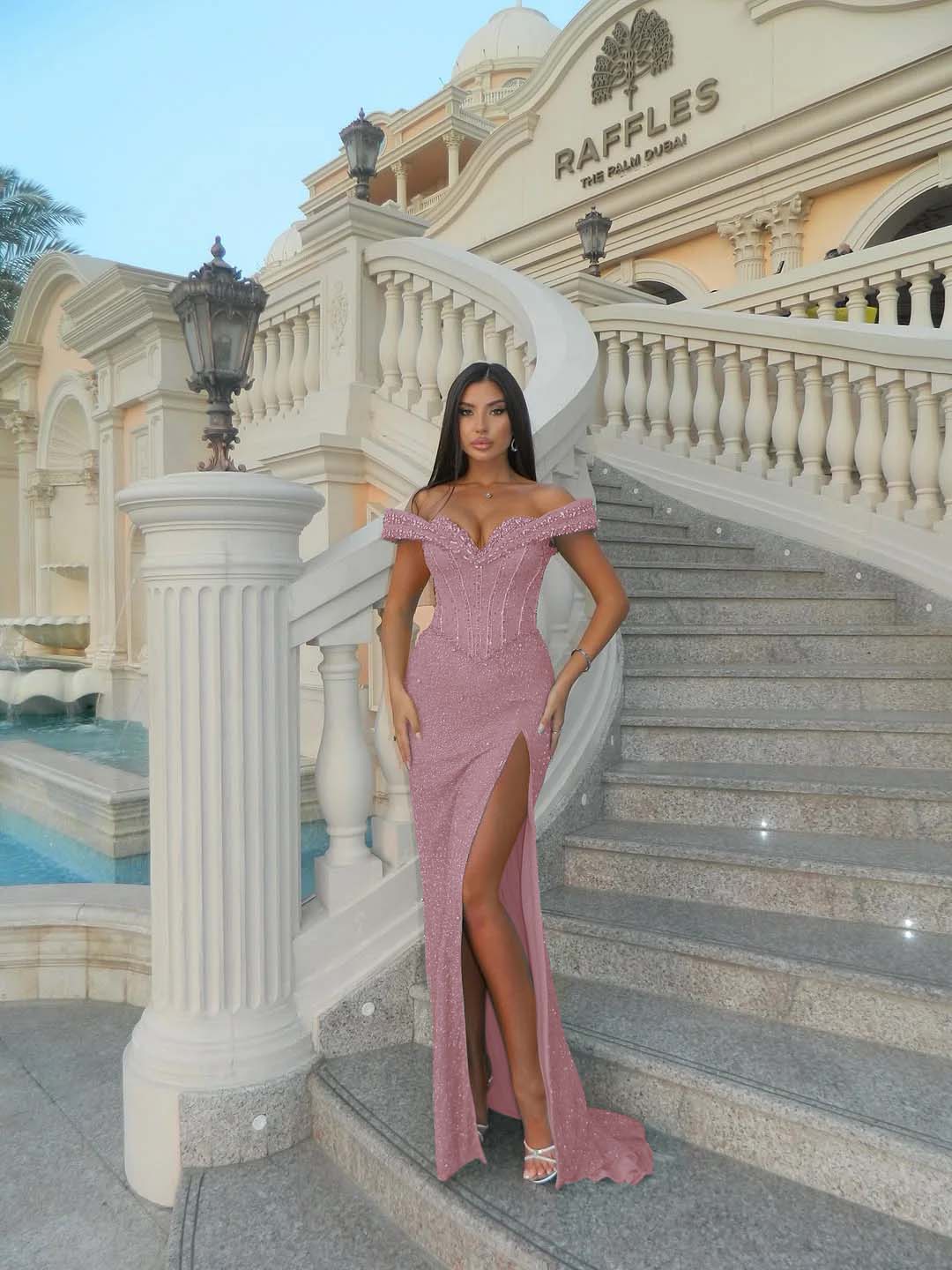 Sleeveless Exquisite Sweetheart Off-Shoulders Beaded Slit Long Prom Dress