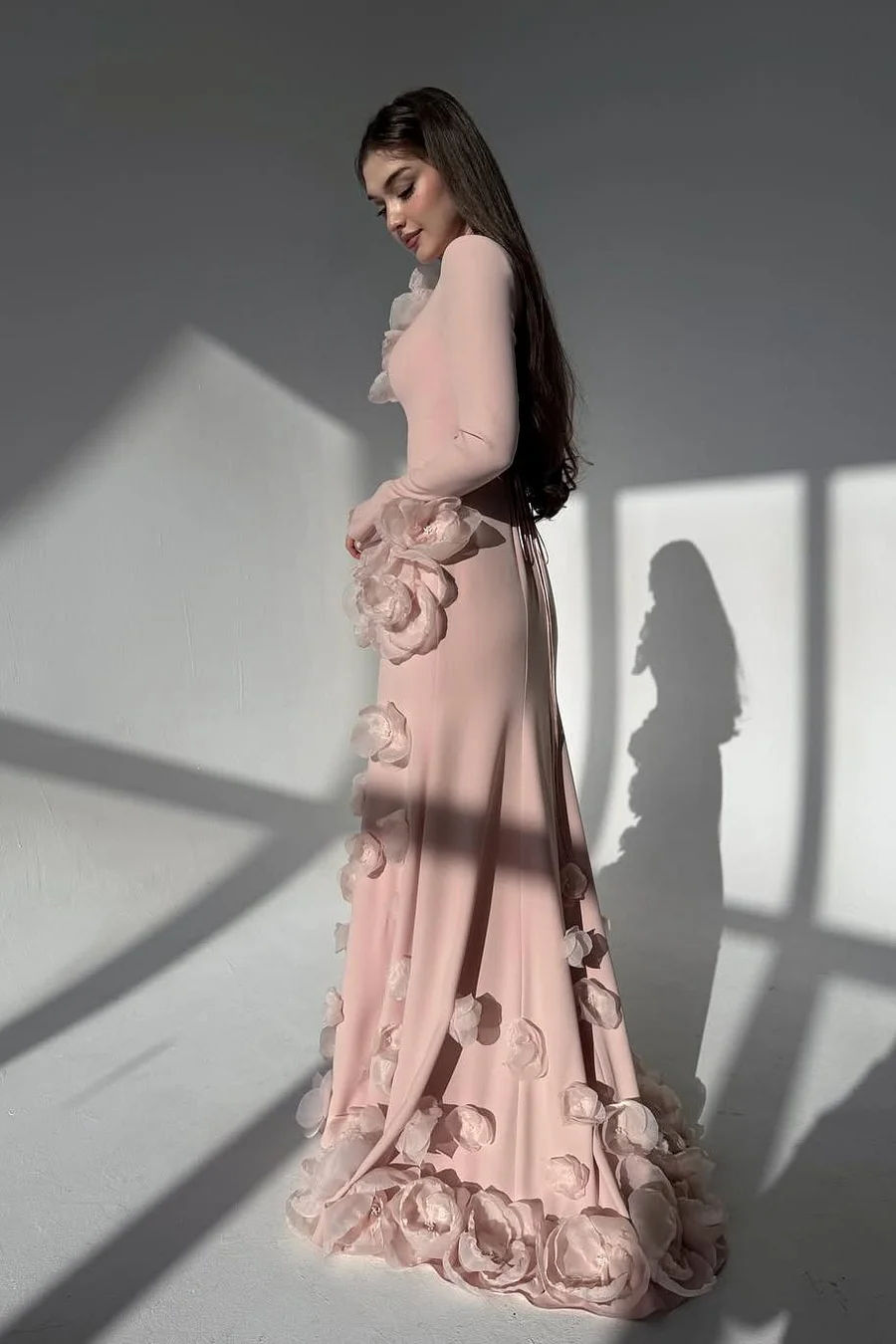 Elegant Long Sleeves Long Evening Dress With Handmade Flower