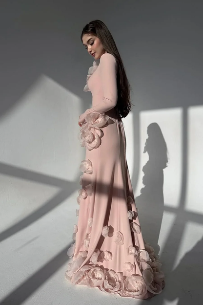 Elegant Long Sleeves Long Evening Dress With Handmade Flower