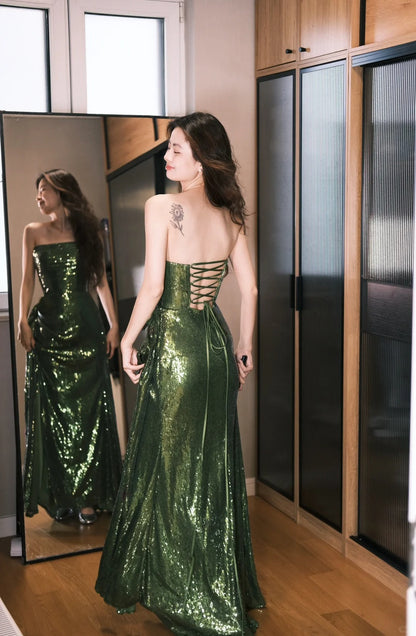 Elegant Dark Green Strapless Mermaid Lace-Up Back Split Sequin Long Prom Dress Evening Dress P4769