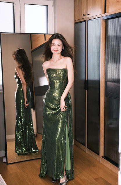 Elegant Dark Green Strapless Mermaid Lace-Up Back Split Sequin Long Prom Dress Evening Dress P4769