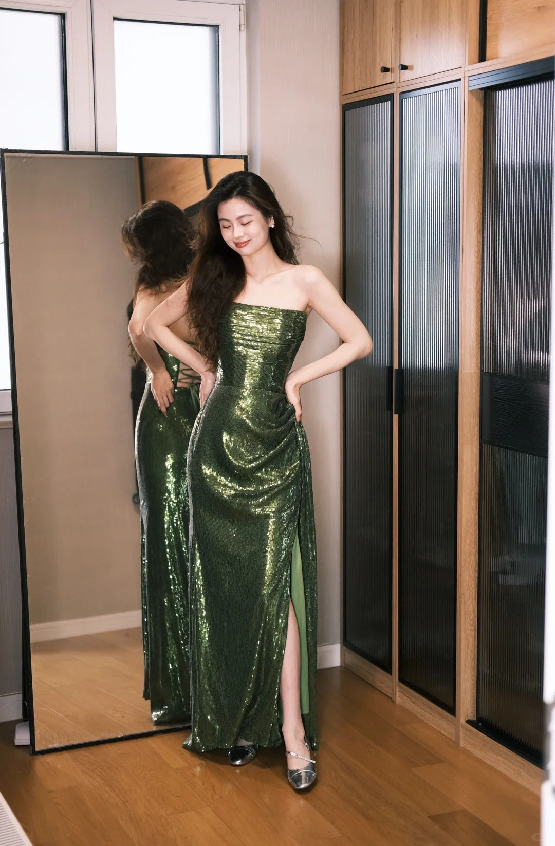 Elegant Dark Green Strapless Mermaid Lace-Up Back Split Sequin Long Prom Dress Evening Dress P4769