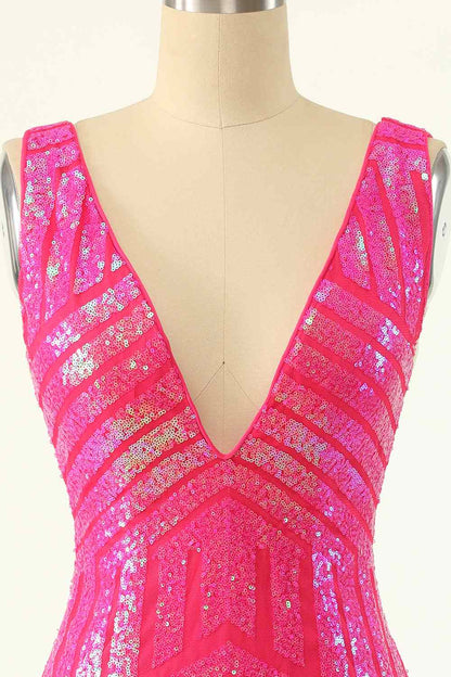 Hot Pink Sheath V Neck Sequin-Embroidered Mini Homecoming Dress