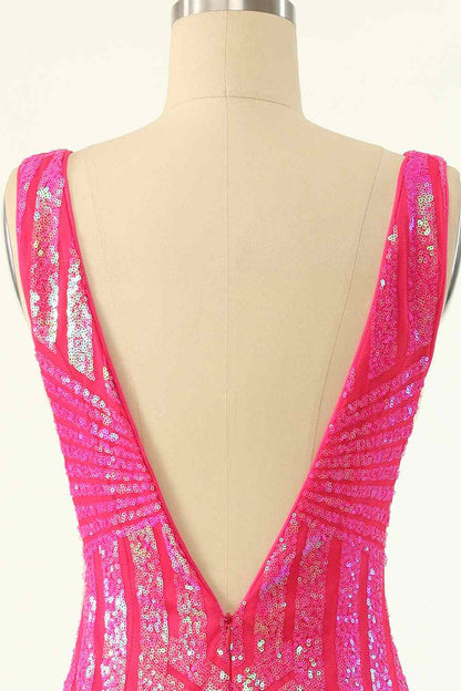 Hot Pink Sheath V Neck Sequin-Embroidered Mini Homecoming Dress