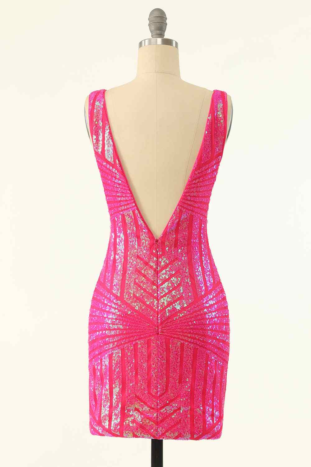 Hot Pink Sheath V Neck Sequin-Embroidered Mini Homecoming Dress