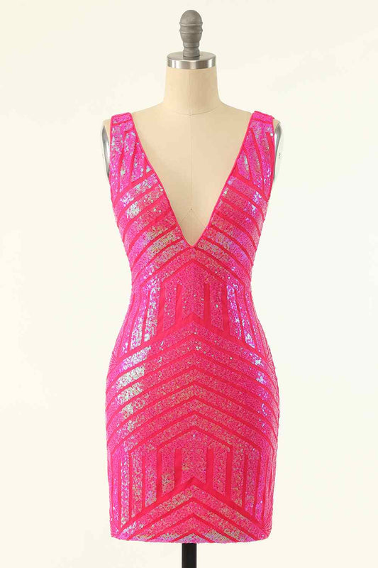 Hot Pink Sheath V Neck Sequin-Embroidered Mini Homecoming Dress