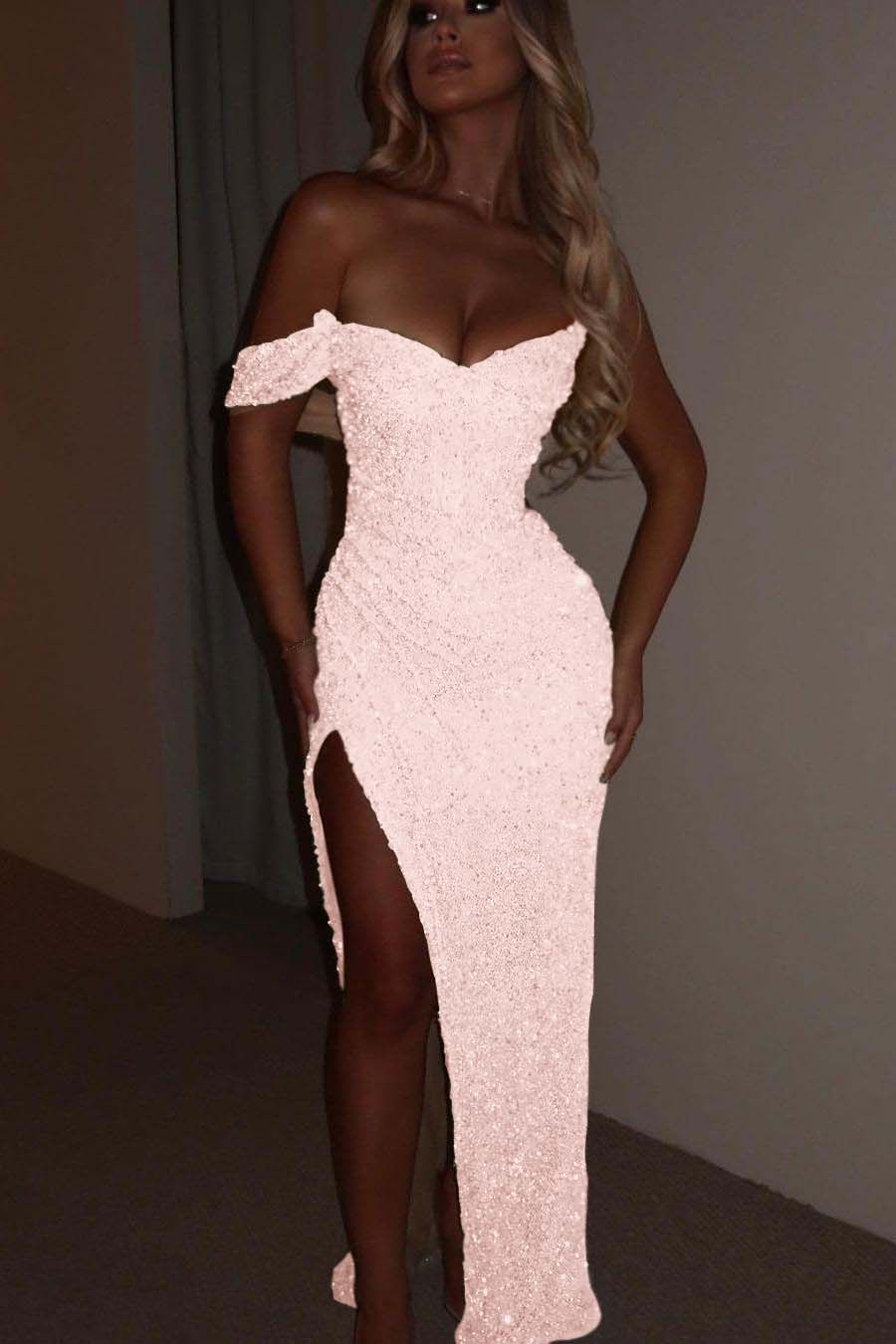 Glamorous Sequins One Shoulder Spaghtti Strap Long Pleated Prom Dress with Split
