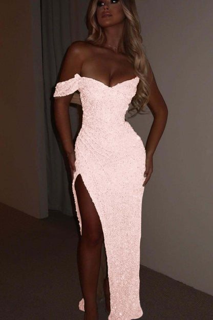 Glamorous Sequins One Shoulder Spaghtti Strap Long Pleated Prom Dress with Split