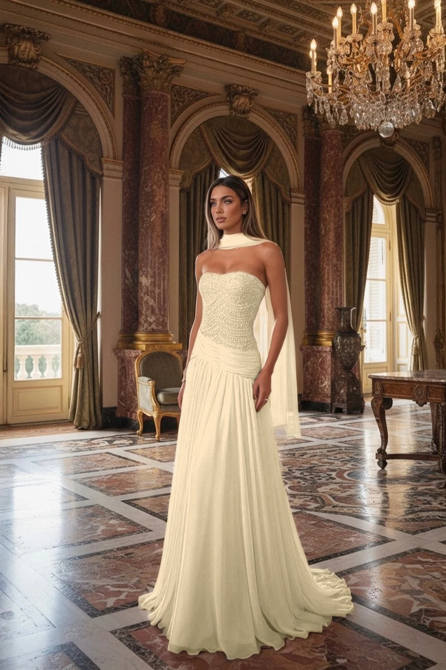 Strapless Beadings Sleeveless Square Prom Dress With Scarf
