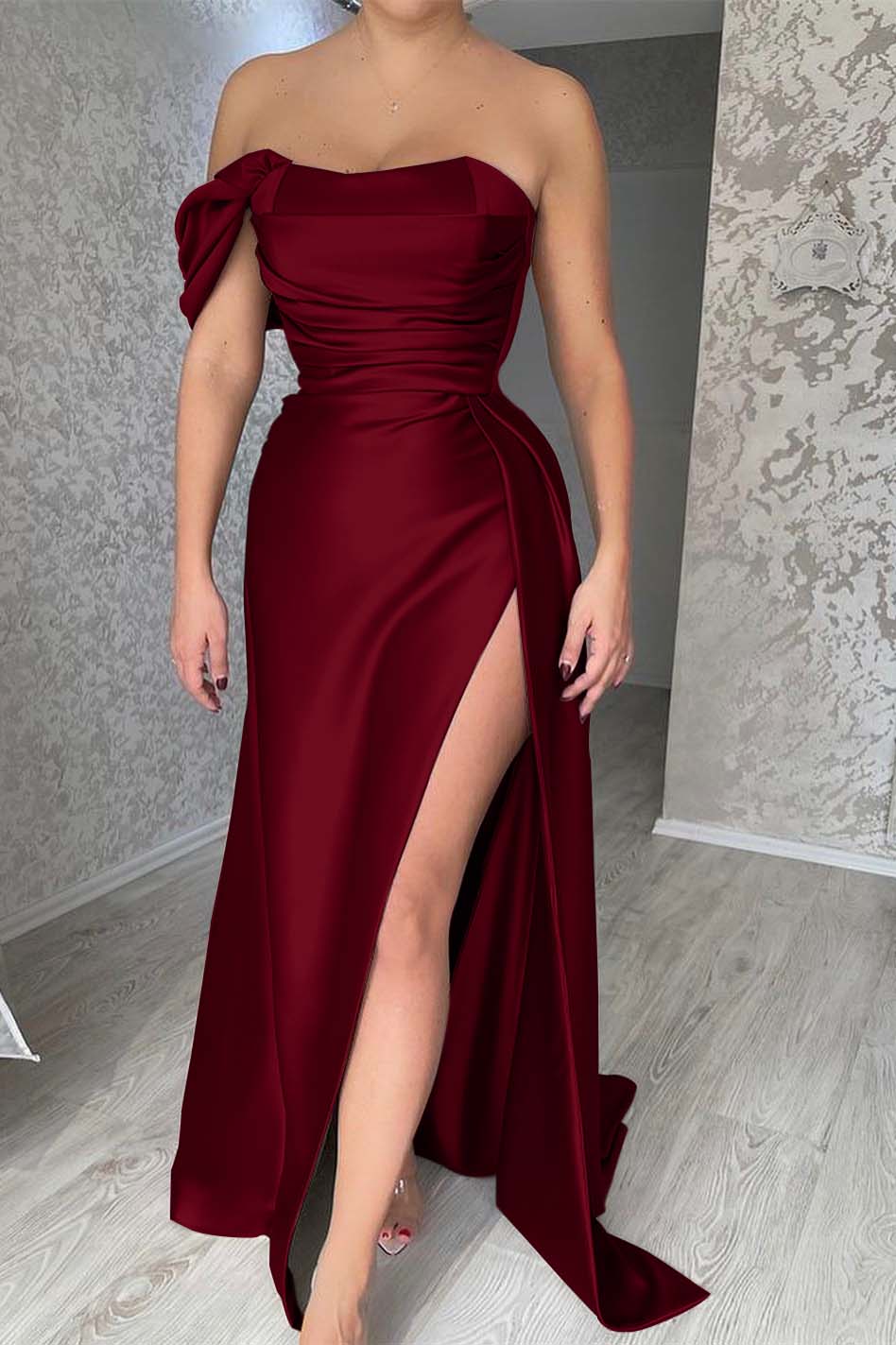 One-Shoulder Mermaid Strapless Long Prom Dress With Split
