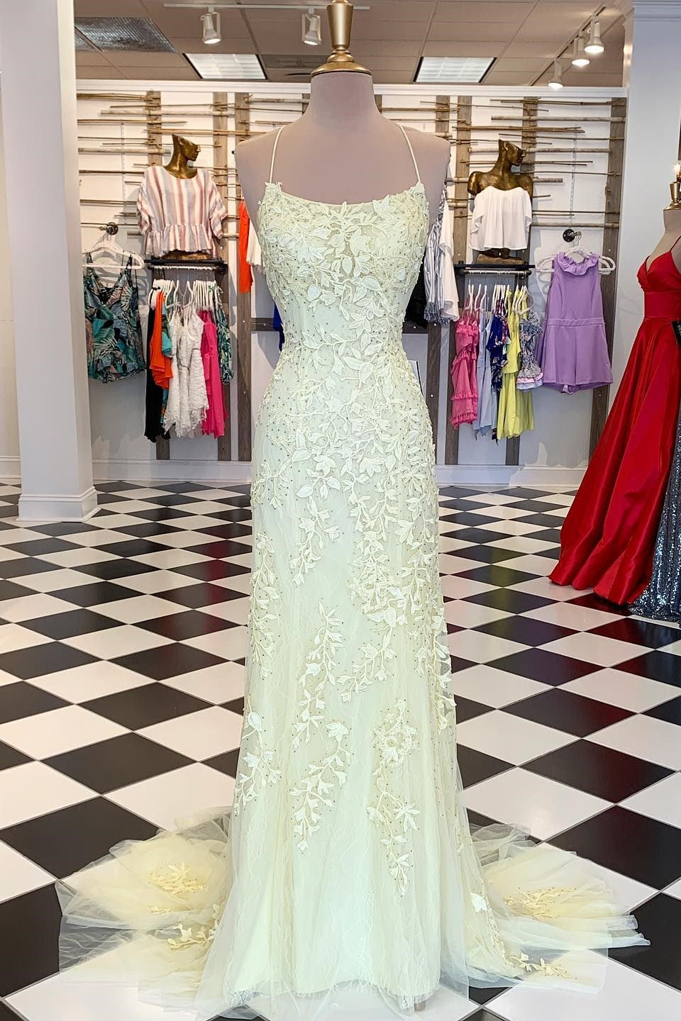 Amazing Spaghetti-Straps Mermaid Prom Dress Tulle With Appliques