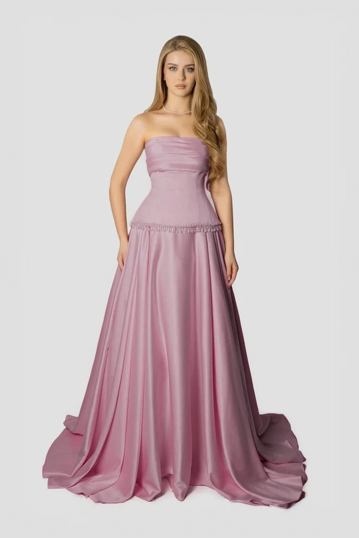 Baby Pink Strapless Evening Dress A-Line Sleeveless in Satin With Beading