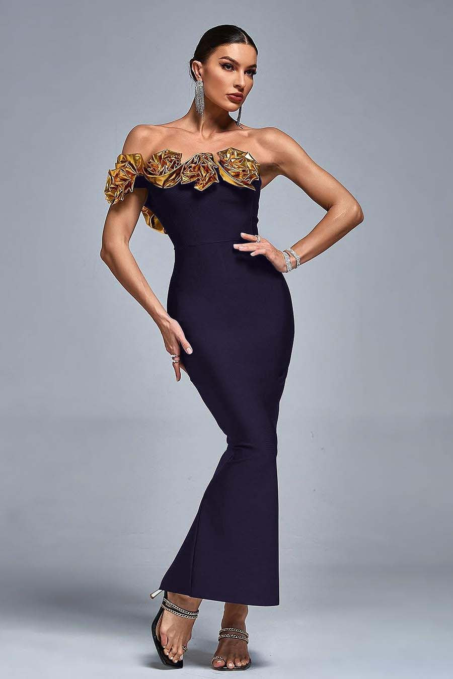 Stunning Black Satin One Shoulder Strapless Mermaid Prom Dress with Ruffles