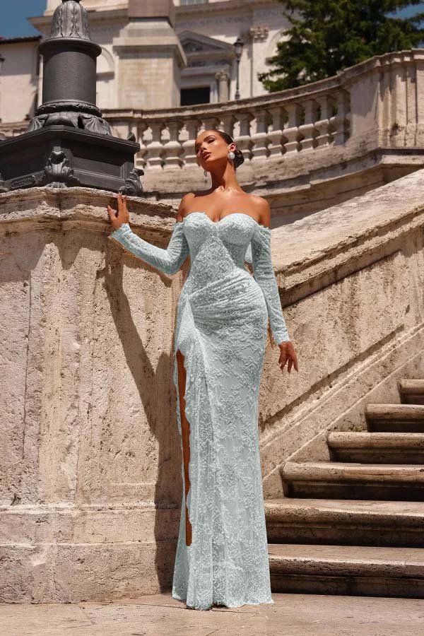 Champagne Lace Strapless Split Prom Dress With Long Sleeves