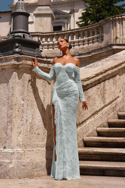 Champagne Lace Strapless Split Prom Dress With Long Sleeves