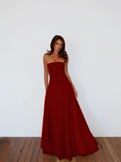 Charming Straight Across Sleeveless Pleated Tulle Evening Dress