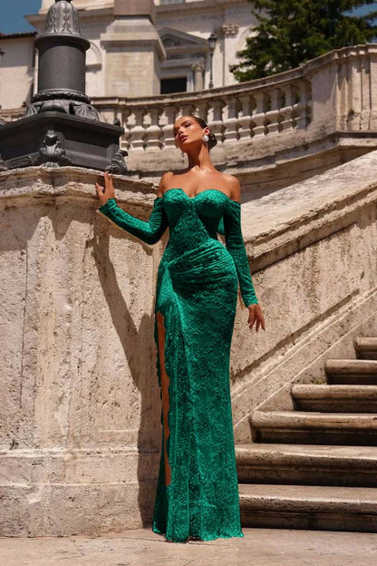 Champagne Lace Strapless Split Prom Dress With Long Sleeves