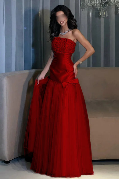 Charming Candy Pink Satin Tulle Sleeveless Strapless Long Evening Dress with Beadings