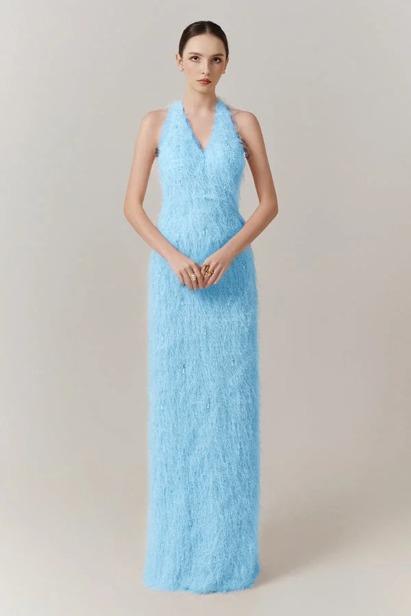 Sleeveless Halter Straps V-Neck Feathered Mermaid Evening Dress with Pearl Details