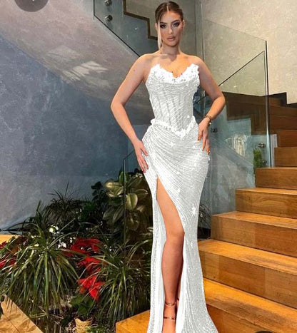 Sweetheart  Strapless Sleeveless Stuning Beaded Slit Prom Dress