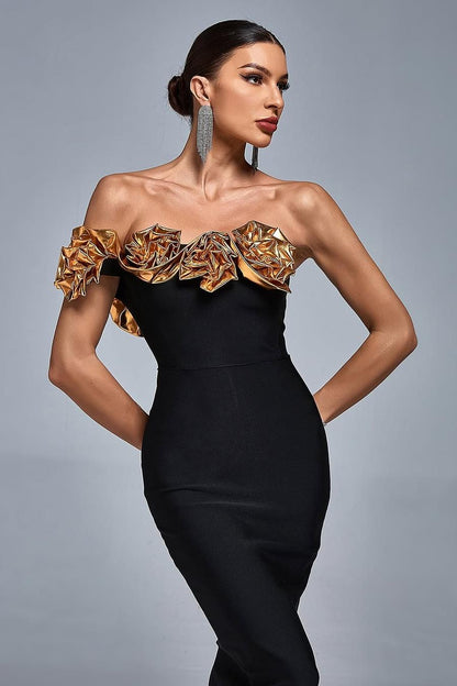 Stunning Black Satin One Shoulder Strapless Mermaid Prom Dress with Ruffles
