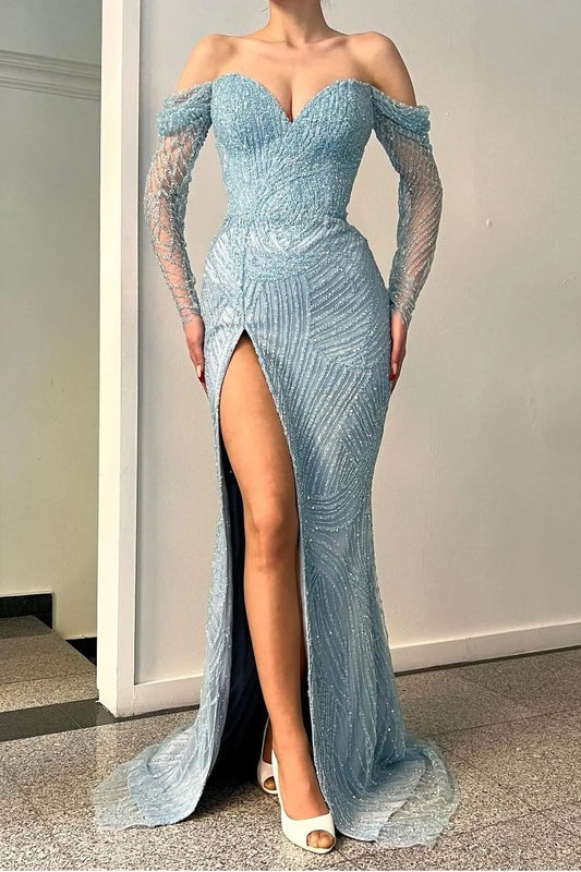 Blue Long Sleeves Off-The-Shoulder Sweetheart Sequins Evening Dress With Split Mermaid