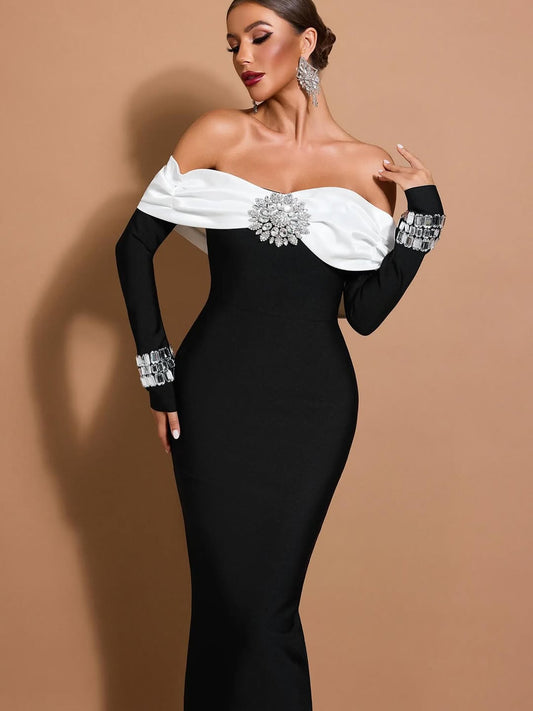 Black and White Splicing Long Sleeves Strapless Mermaid Prom Dress