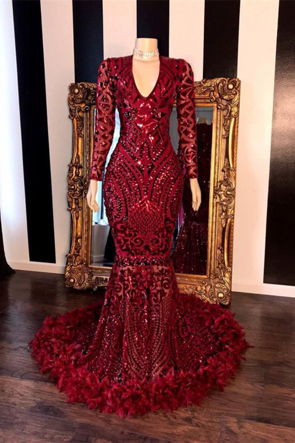 Long Sleeves Burgundy V Neck Mermaid Prom Dress Feather With Sequins