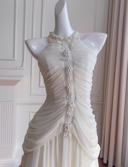 Elegant White A Line Halter Pearl Pleated Chiffon Prom Dress Vacation Dress SH4503