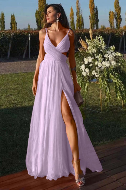 Fuchsia Spaghetti-Straps A Line Prom Dress Tulle With Split