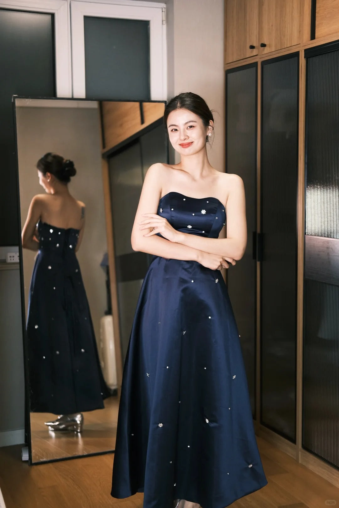 Elegant Navy Blue Sweetheart Neck Satin A-Line Prom Dress Evening Dress P4775