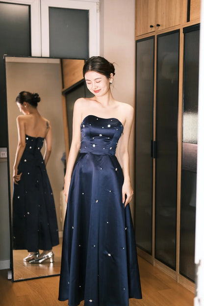 Elegant Navy Blue Sweetheart Neck Satin A-Line Prom Dress Evening Dress P4775
