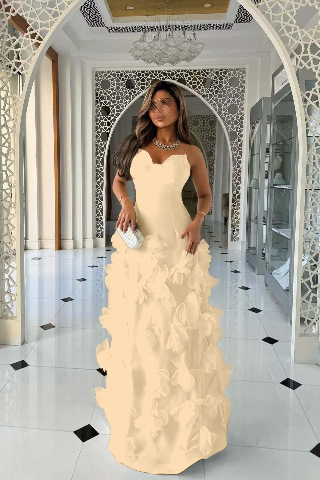 Daffodil Strapless Evening Dress Sleeveless Floor Length With Flower