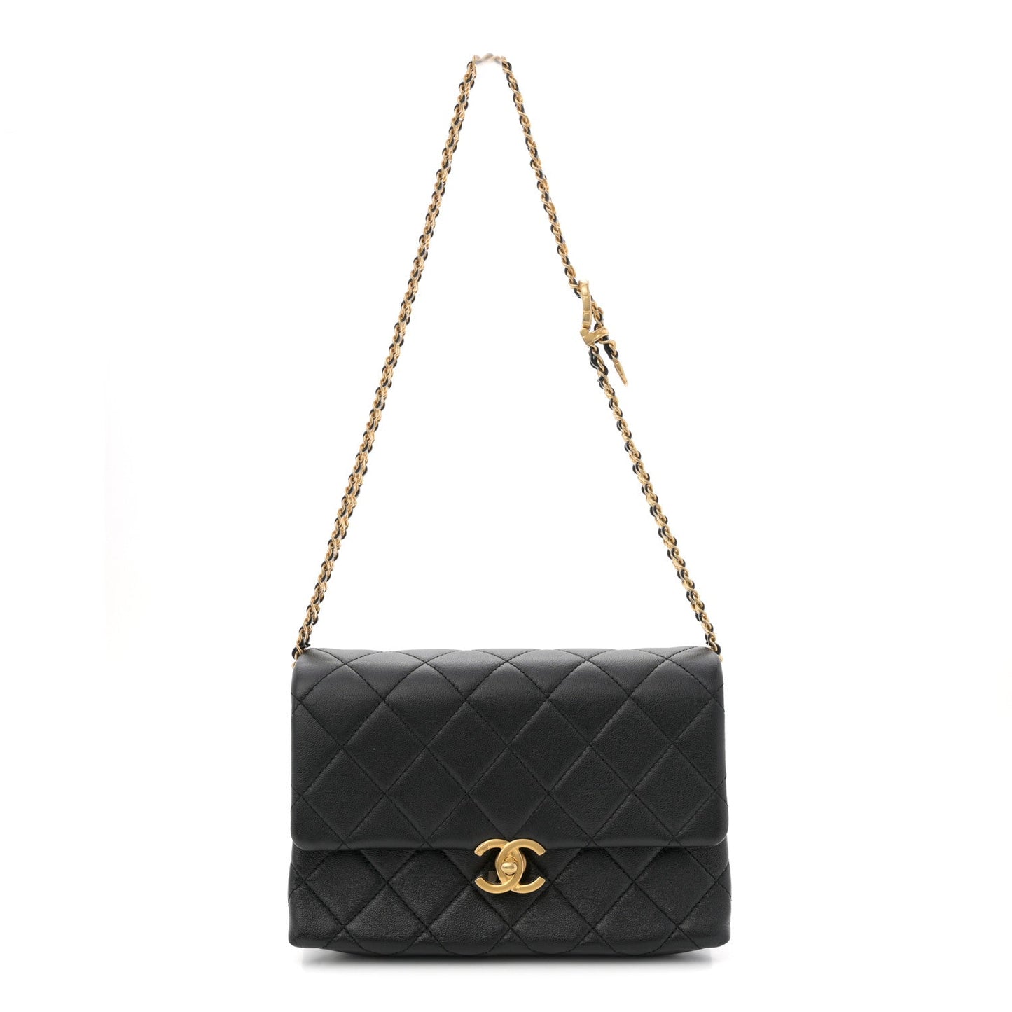 Calfskin Quilted Belt Chain Flap Black