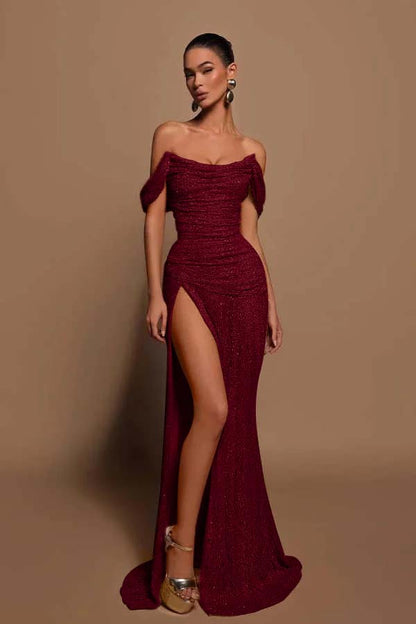 Glamorous Sequins Off the Shoulder Sleeveless Pleated Long Prom Dress with Split