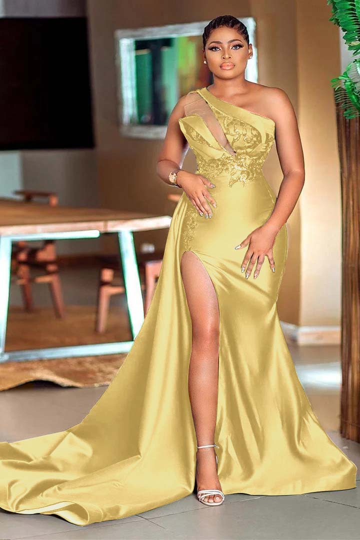 One-Shoulder Mermaid Sequins Green Prom Dress With Slit